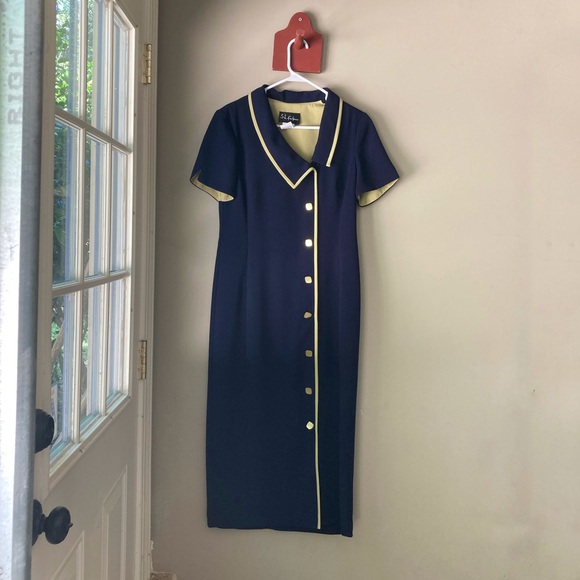 Vintage S.L Fashions Navy & Green Collared Maxi Dress 8 - Picture 2 of 6